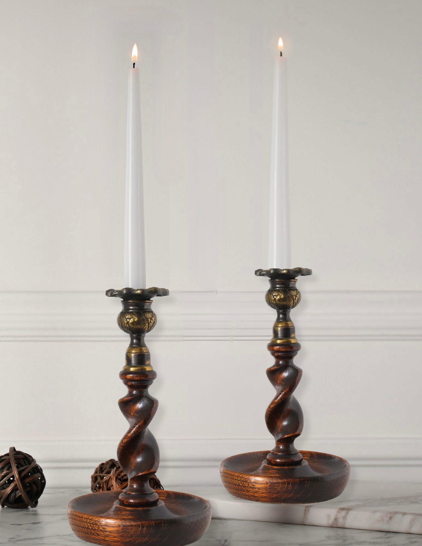 Pair of English Oak Barley Twist Candlesticks