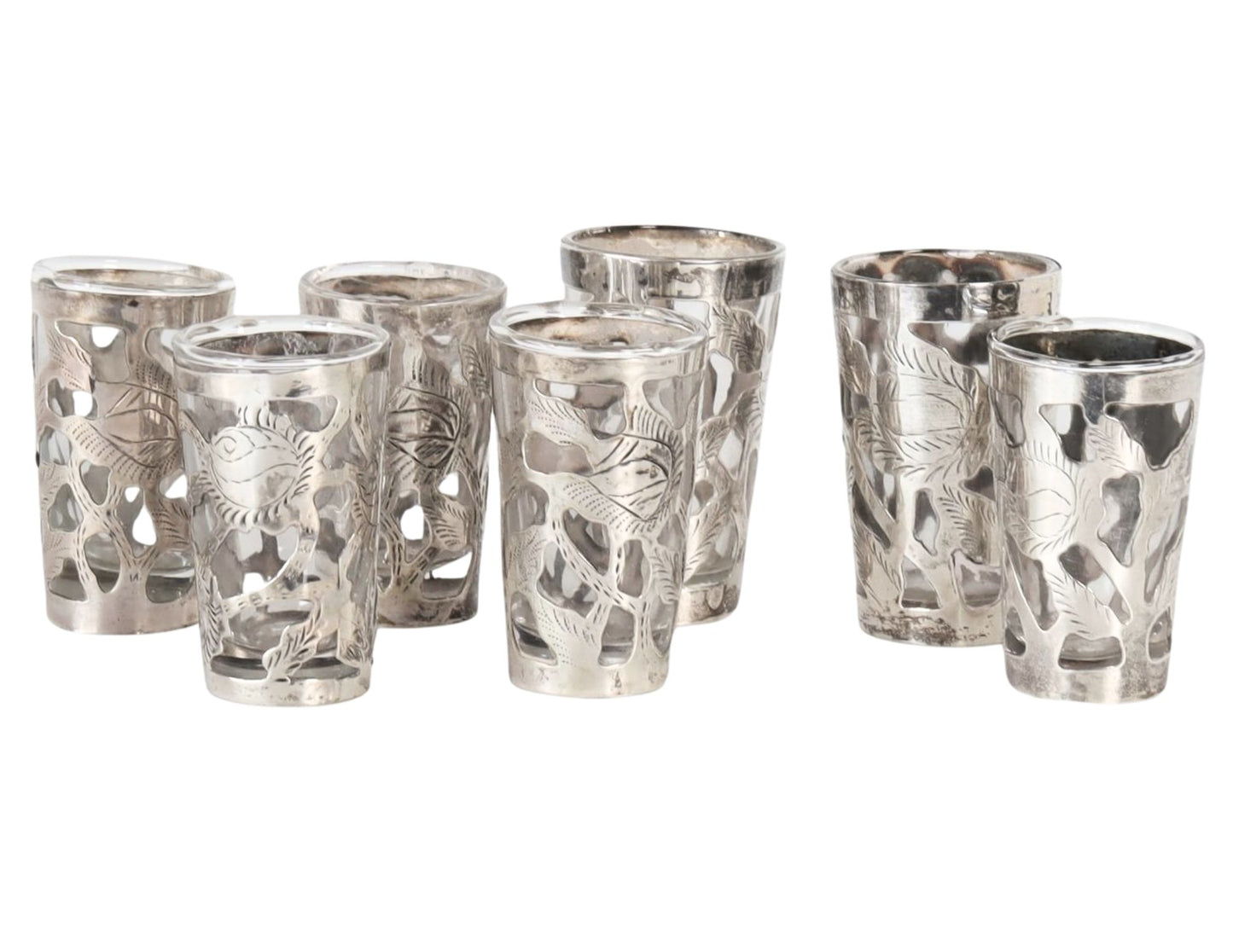 Taxco Mexican Sterling Silver Overlay Shot Glasses, s/7