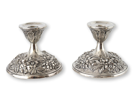 Midcentury Sterling Silver Hand-Repoussé Candlesticks