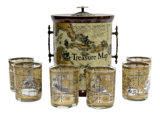 1960s Treasure Map Beverage Set | Ice Bucket w/ 6 Low Ball Glasses