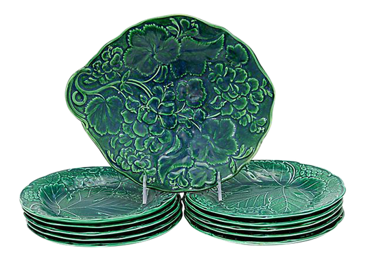 C. 1900s Majolica Geranium Serving Set, 11 Pieces