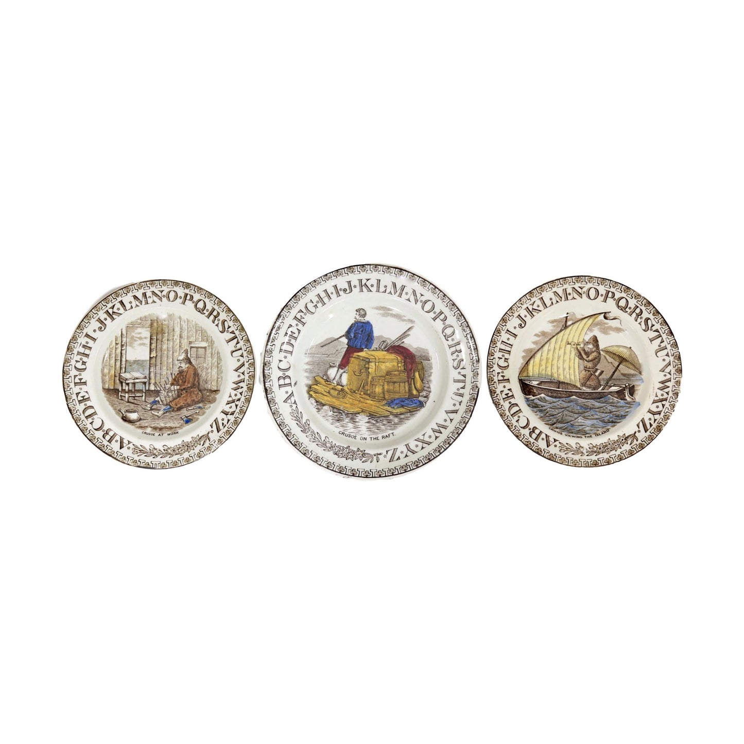 19th-Century Robinson Crusoe "A B C" Plates, Set of 3