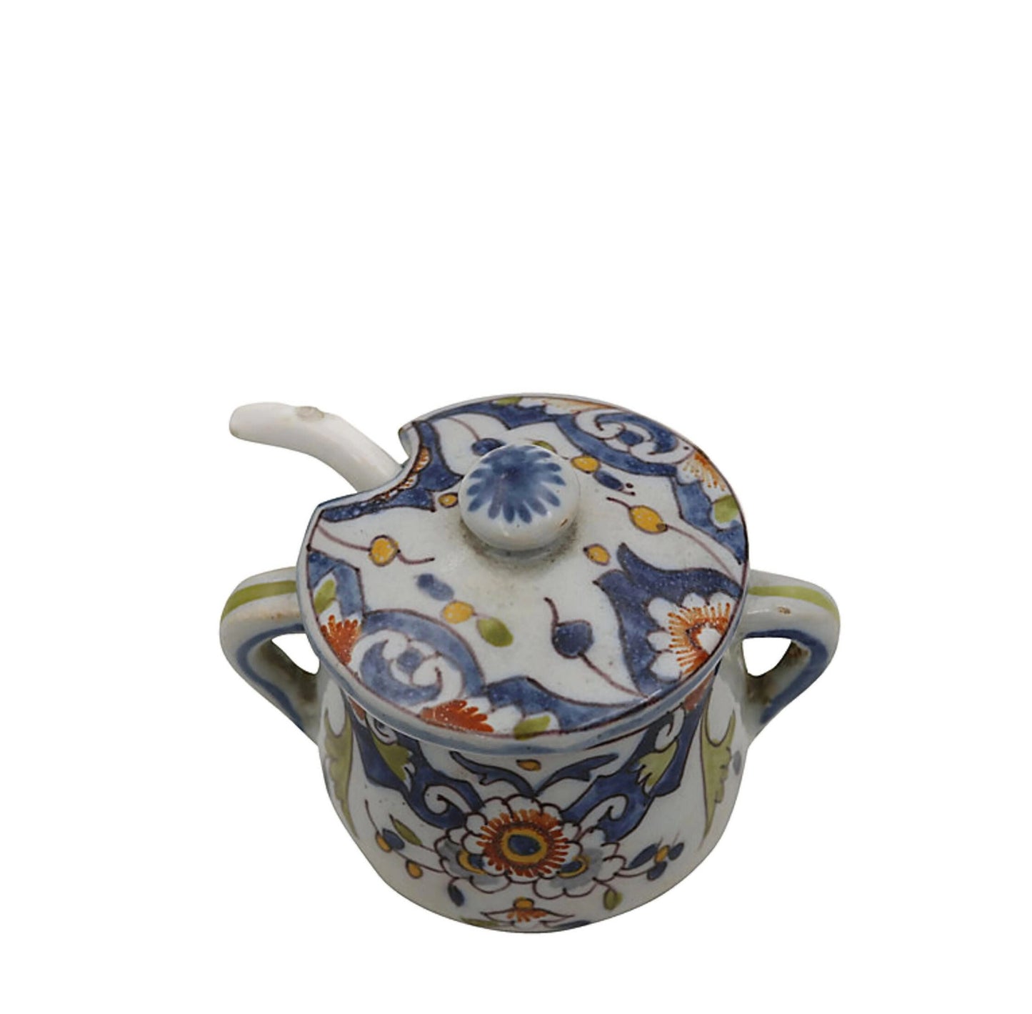 French Faience Mustard Pot & Spoon