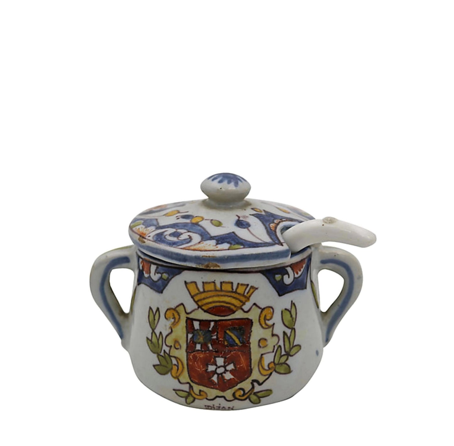 French Faience Mustard Pot & Spoon