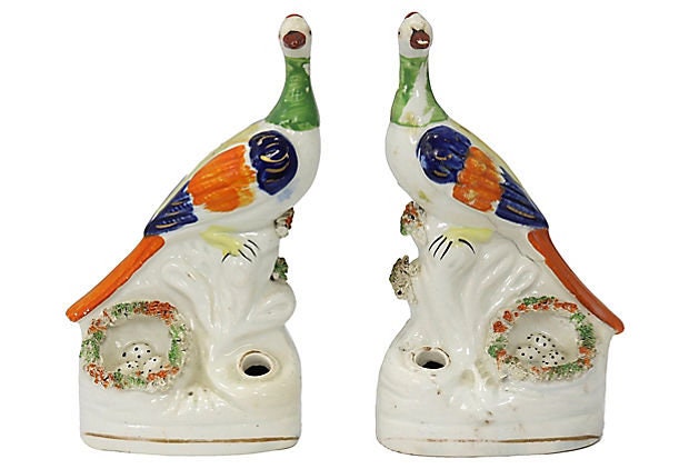 19th Century Staffordshire Peacock Inkwells, a Pair