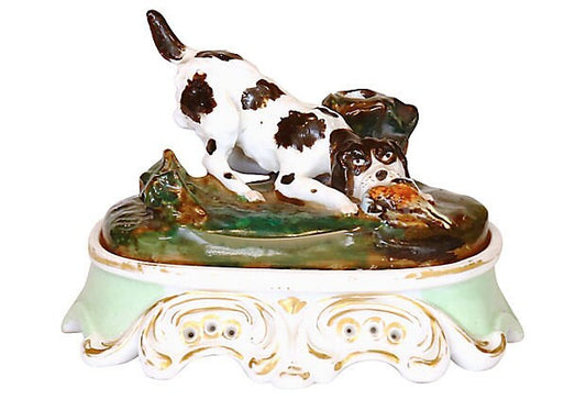 Antique Porcelain Hunting Dog Inkwell, C. 1860