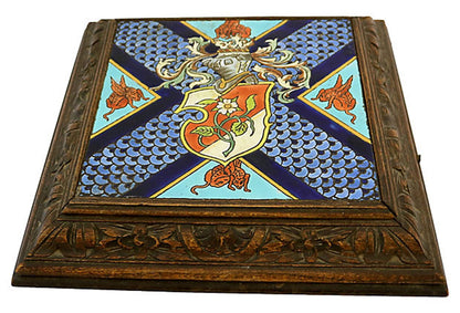 Antique French Jules Viellard Enameled Faience & Wood Trivet, Bordeaux Pottery