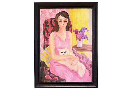 Midcentury French Portrait of Girl With Her Cat