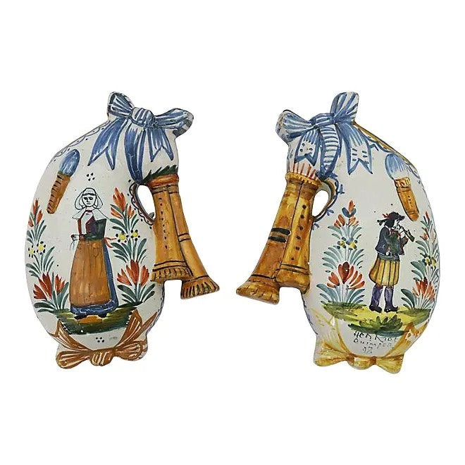 1920s French Quimper Wall Pocket Vases, a Pair
