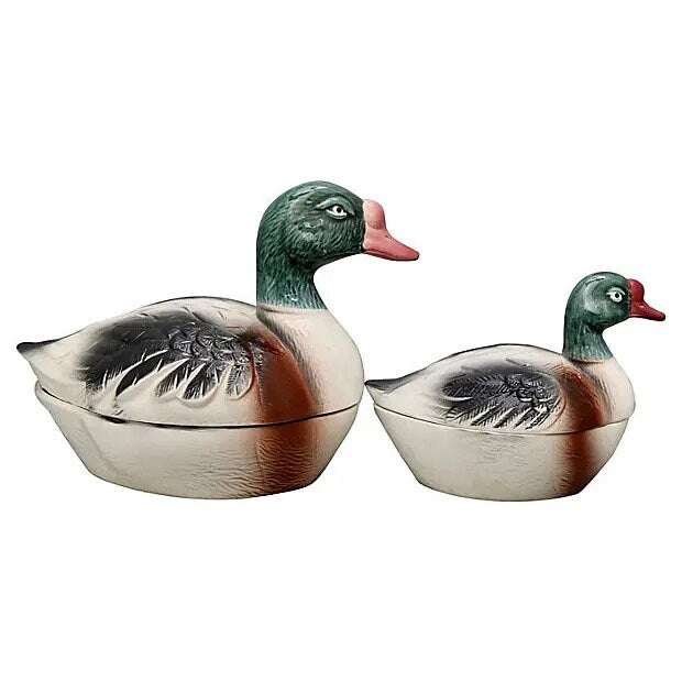 Midcentury Vintage French Majolica Duck Pâté Tureens