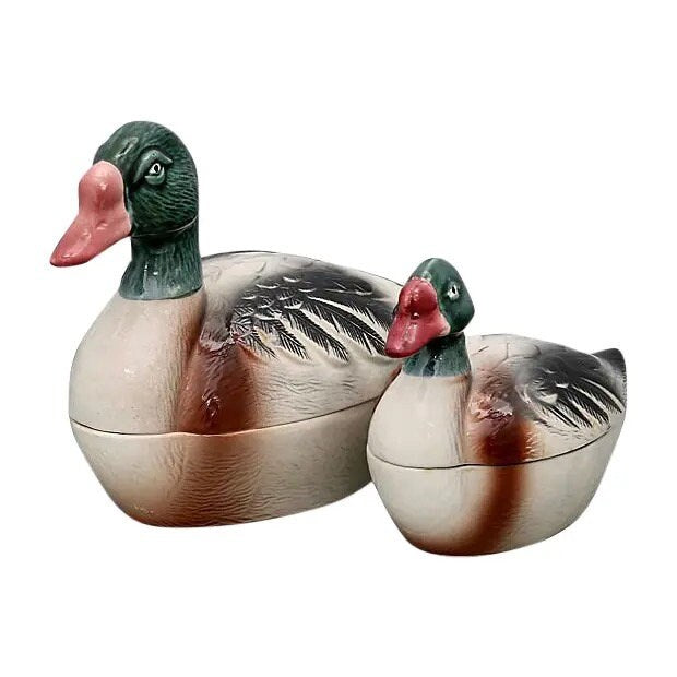 Midcentury Vintage French Majolica Duck Pâté Tureens