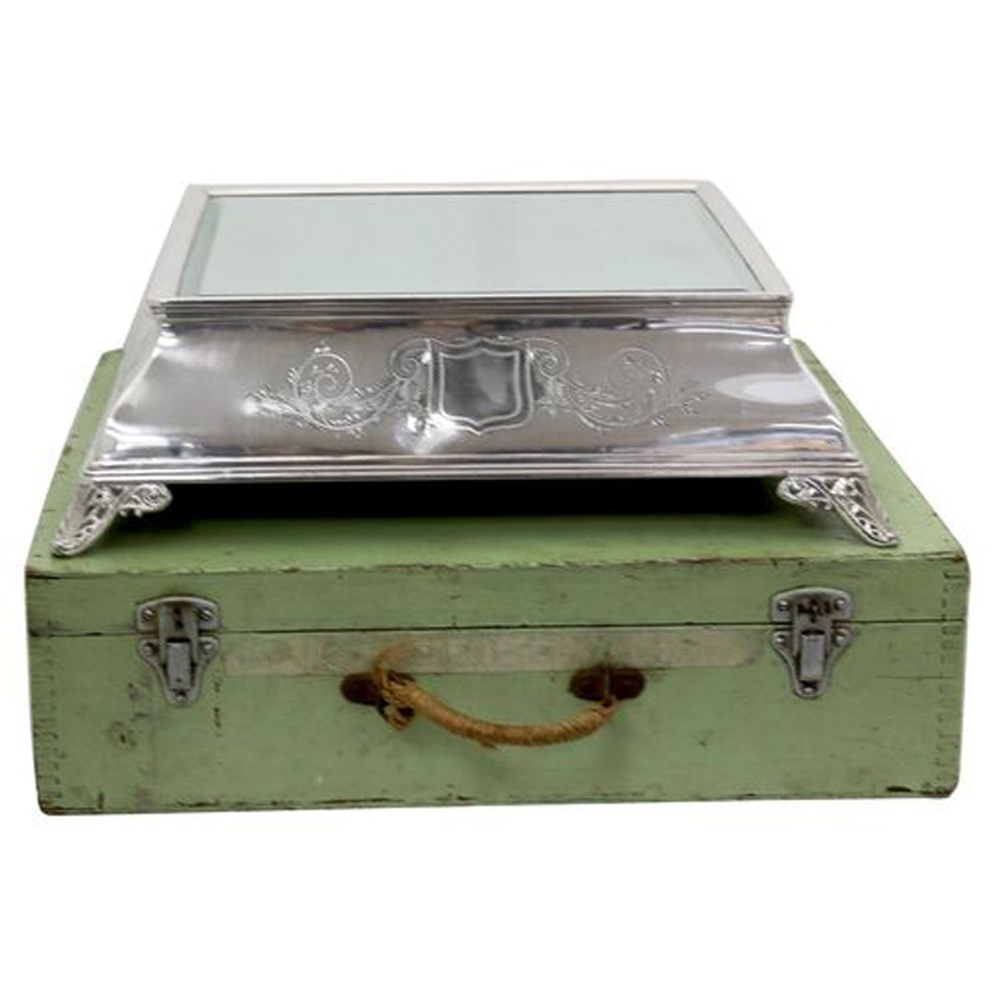 19th Century Silver-Plate Art Deco Mirrored Cake Stand w. Storage Box