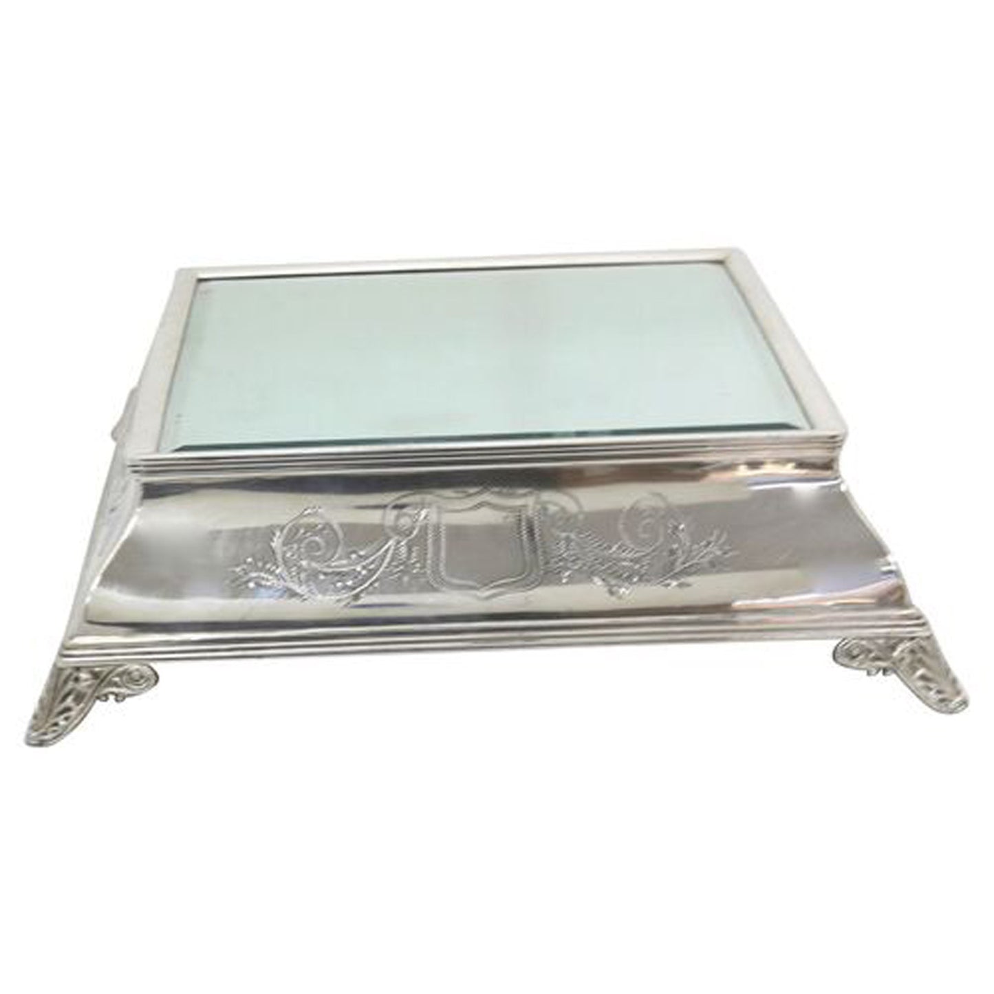 19th Century Silver-Plate Art Deco Mirrored Cake Stand w. Storage Box