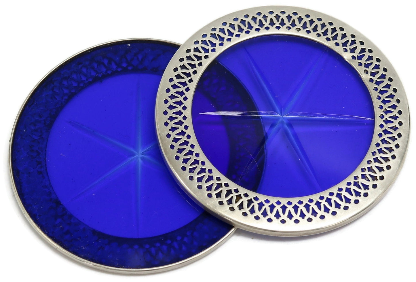 Sterling & Cobalt Glass Coasters, Pr