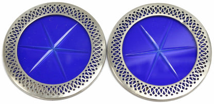 Sterling & Cobalt Glass Coasters, Pr