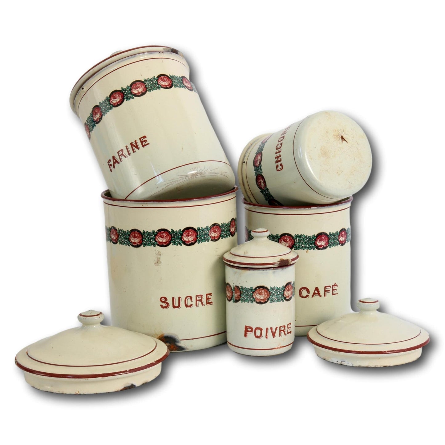 French Enamel Kitchen Canisters, S/5