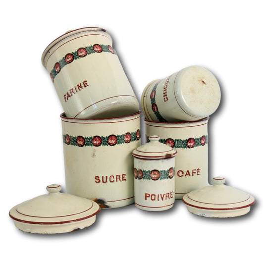 French Enamel Kitchen Canisters, S/5