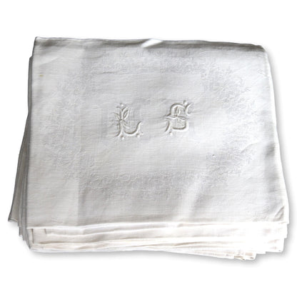 French Damask "LS" Dinner Napkins, S/12