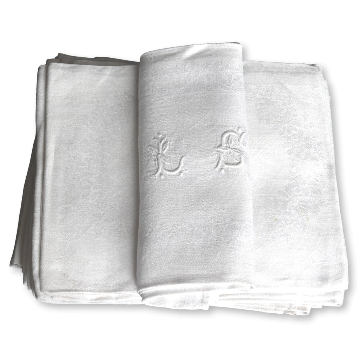 French Damask "LS" Dinner Napkins, S/12