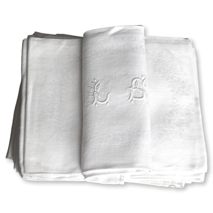 French Damask "LS" Dinner Napkins, S/12