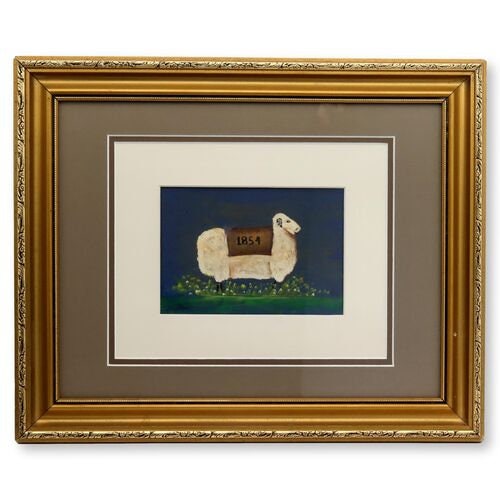 Framed Folk Art Sheep Water Color
