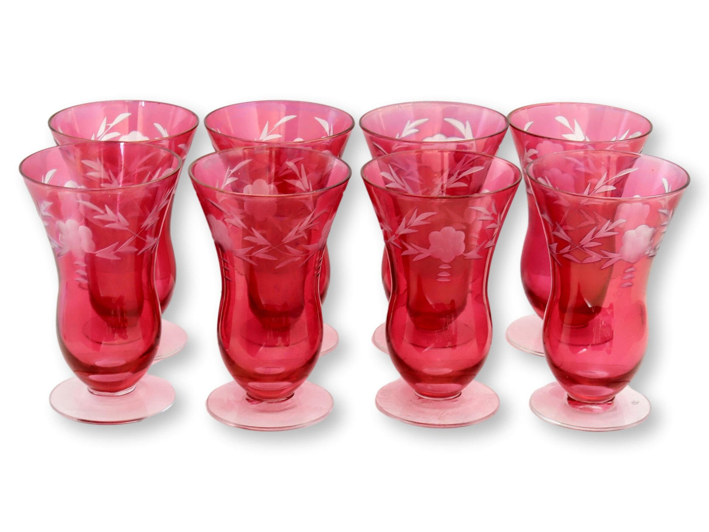 1920s Bohemian Cranberry Glasses, S/8