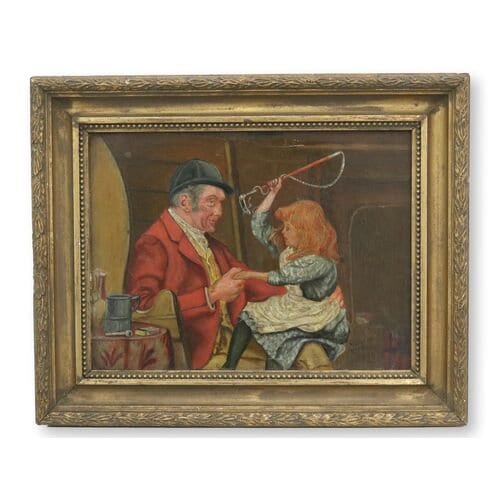 1899 Oil of Man & Girl After The Hunt