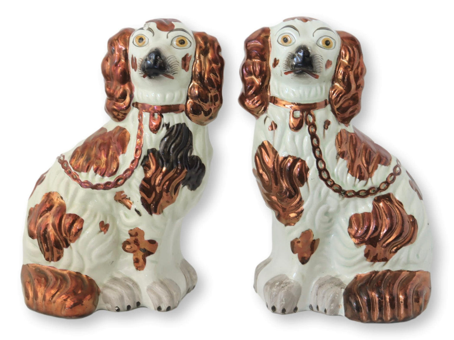 Antique Copper English Staffordshire King Charles Spaniel Dogs, a Pair