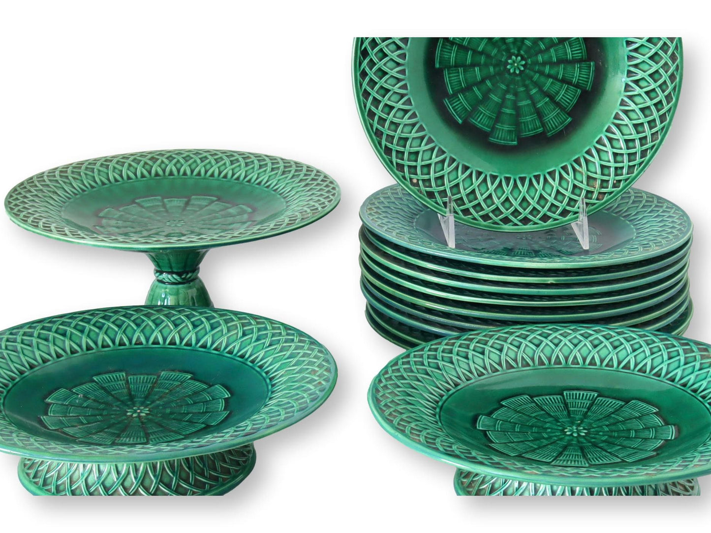 1860s Mintons Green Majolica Christopher Dresser Dessert Set, S/13