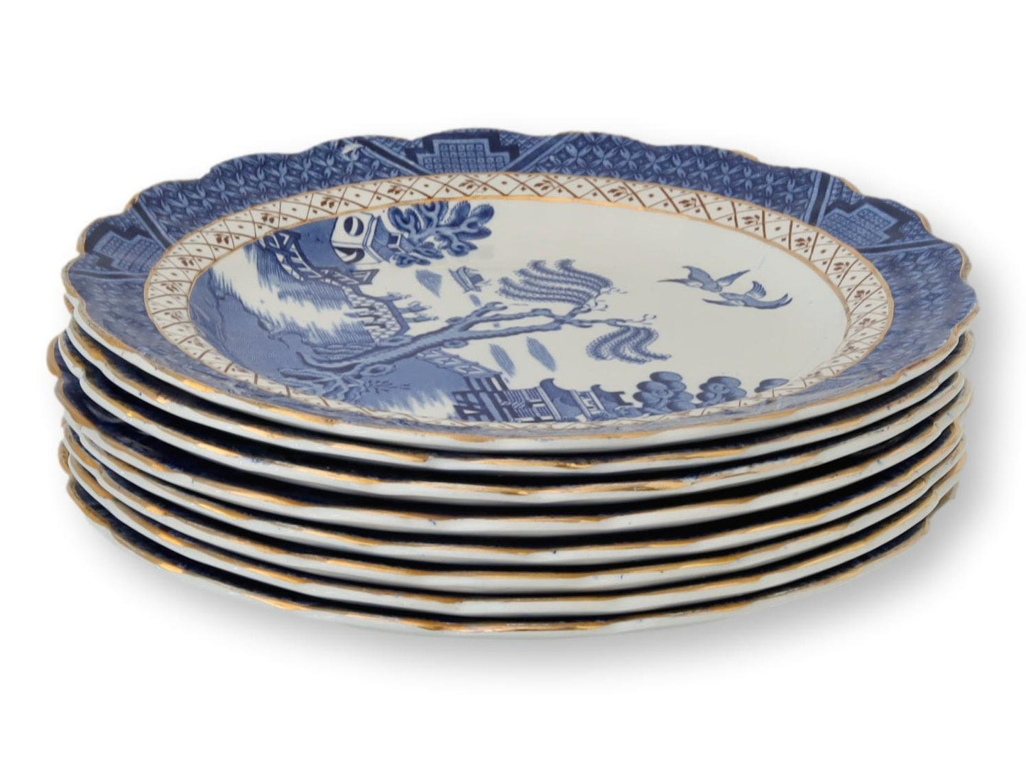 English Blue Willow Dinner Plates, S/8