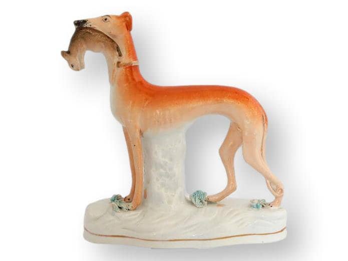 Antique English Staffordshire Greyhound w/ Rabbit – Rose Victoria Antiques