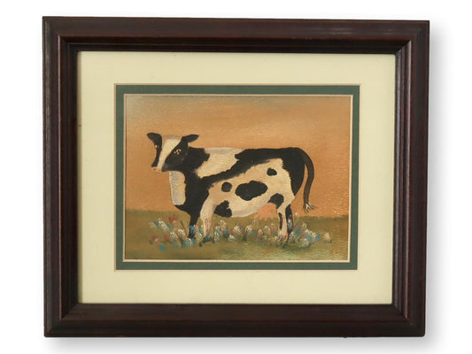 Framed Folk Art Cow Water Color