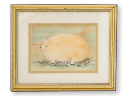 Framed Folk Art Pig Water Color