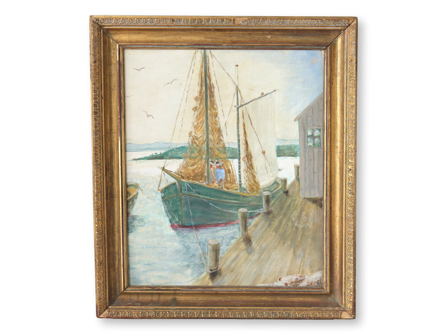 Midcentury French Oil Painting of a Harbor