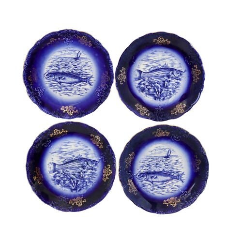 Antique Flow Blue Fish Plates w/Gold 4pc