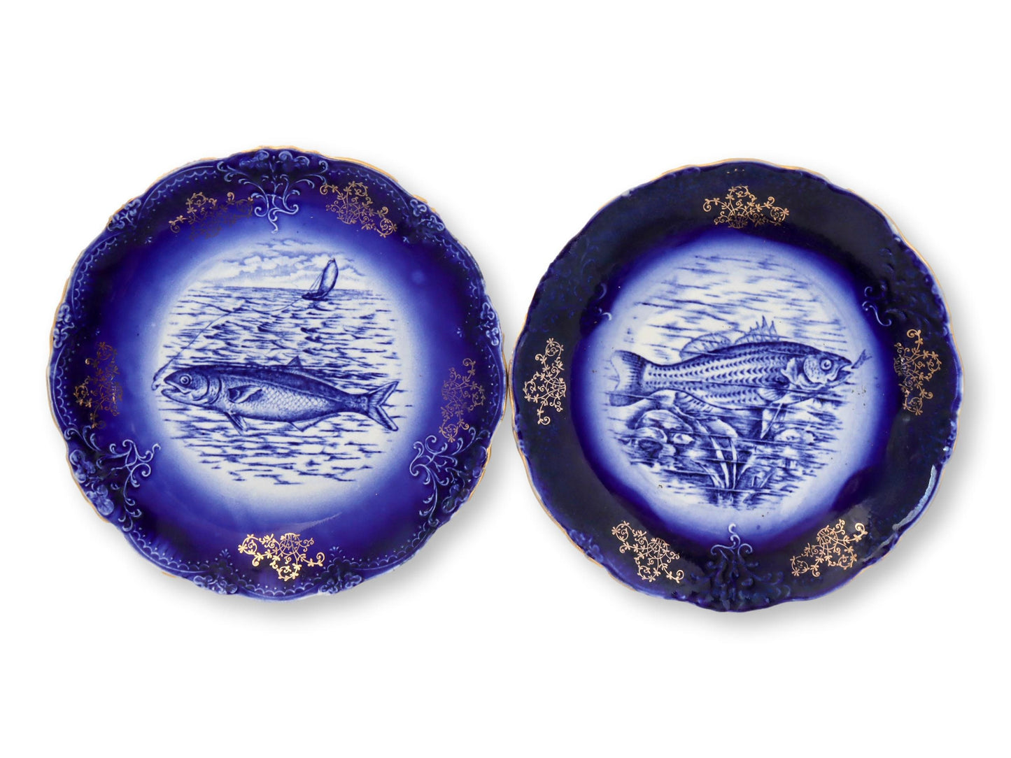 Antique Flow Blue Fish Plates w/Gold 4pc