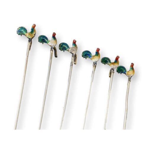 Antique English Sterling Silver Cocktail Picks w/ Enamel Rooster