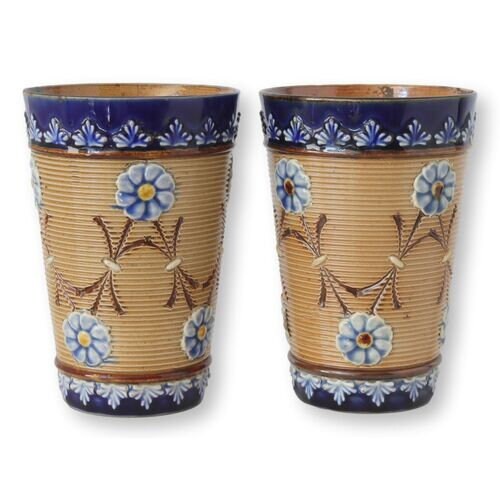 19th-C. Doulton Lambeth Floral High Ball Beakers | a Pair