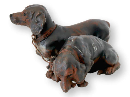 Heavy Antique Austrian Painted Metal Dachshunds