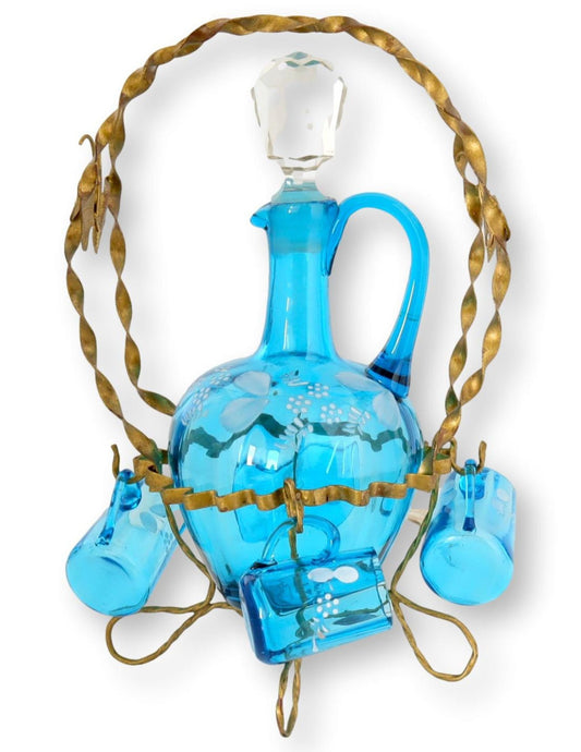 French Bohemian Glass Liqueur Set w/ Butterflies, 5 pcs