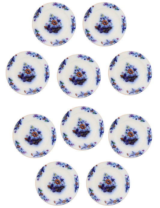 1850s Antique English Davenport Polychrome Flow Blue 7.25" Plates, Set of 10