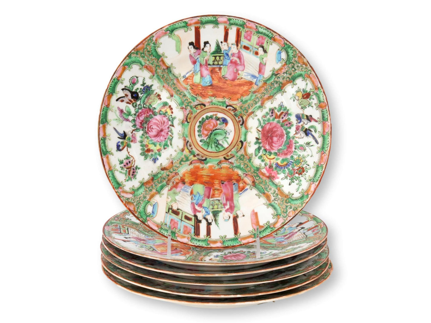 Antique 1920s Chinese Porcelain Famille Rose Medallion Plates, Set of Six