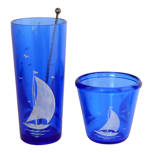 Midcentury Hazel Atlas Cobalt Blue Sailboat Cocktail Shaker & Ice Bucket