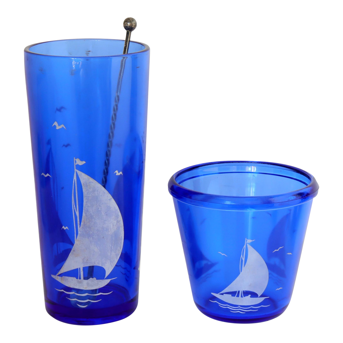 Midcentury Hazel Atlas Cobalt Blue Sailboat Cocktail Shaker & Ice Bucket